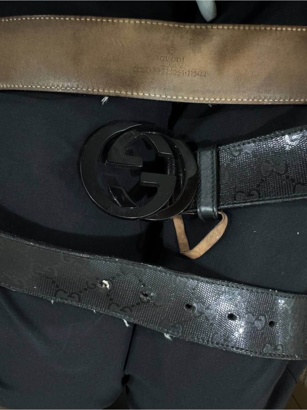 100% AUTH Gucci Black Monogram Leather Belt with Black Double G Buckle - Picture 4 of 5